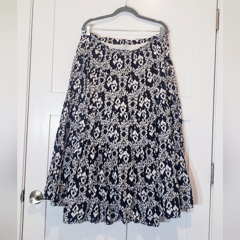 Christopher & Banks Maxi Skirt Tiered Cotton Black & White Print Lined Medium